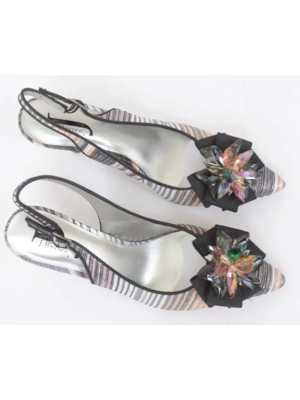J.Renee Women's 10 Colorful Crystal Embellishment Striped Slingback Heels Party